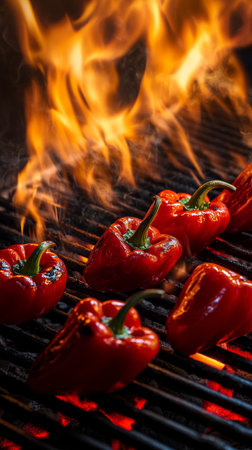 Grilled red peppers with flames on barbecue, fiery cooking conceptの素材