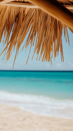 Beach umbrella with tropical ocean view, summer relaxation conceptの素材