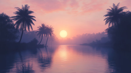 Sunset over tranquil tropical lake with palm trees, serene atmosphere. Nature beauty and relaxation conceptの素材
