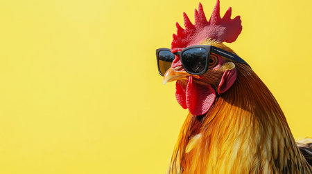 Chicken wearing sunglasses on a yellow backgroundの素材