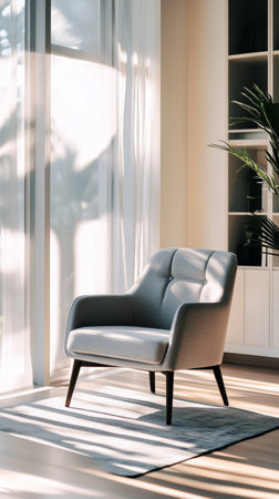 Modern armchair in sunlit living room cornerの素材