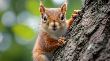 Squirrel peering from behind a tree, natural habitat. Wildlife photography conceptの素材