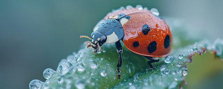 Ladybug on a dewy leaf, close-up. Nature and macro photography conceptの素材