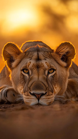 Lioness resting at sunset, captivating wildlife portrait. Serenity and nature conceptの素材