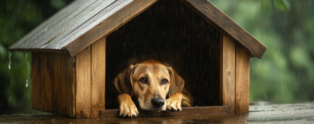 Dog sheltering from rain in wooden doghouseの素材