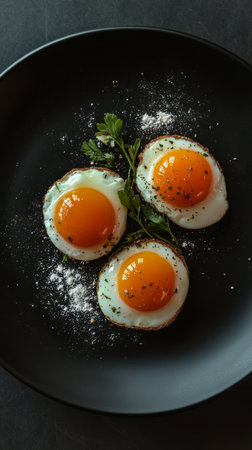 Fried eggs on a black plate with herbs and salt, overhead view. Breakfast and culinary art conceptの素材