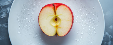 Sliced red apple on a white plate with water dropletsの素材