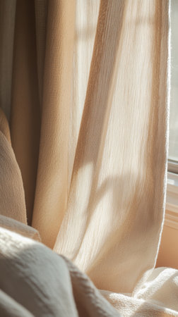 sunlit beige curtains with soft natural texture in cozy room, interior design and comfort conceptの素材