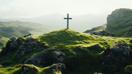 Cross on a grassy hill in a mountainous landscape, serene atmosphere. Spirituality and solitude conceptの素材
