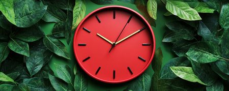 Red wall clock surrounded by lush green leavesの素材