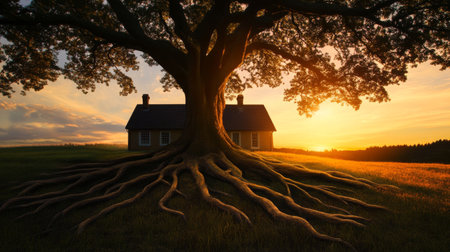 Tree with sprawling roots at sunrise near countryside house, serene landscape. Nature and tranquility conceptの素材