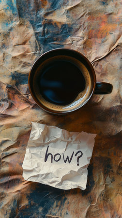 cup of coffee on a textured surface with crumpled paper reading how? artistic conceptの素材