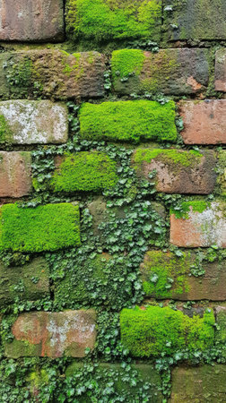 Brick wall with green moss textureの素材
