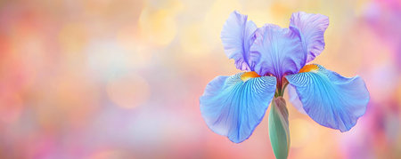 Blue iris flower on a pastel bokeh background. Nature and tranquility conceptの素材
