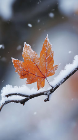 Snow covered maple leaf on branch, close-up. Winter and nature conceptの素材
