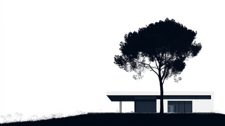 Modern house with tree silhouette on white background, minimalist architecture conceptの素材