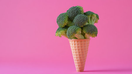 Broccoli bouquet in ice cream cone on pink background, creative food conceptの素材