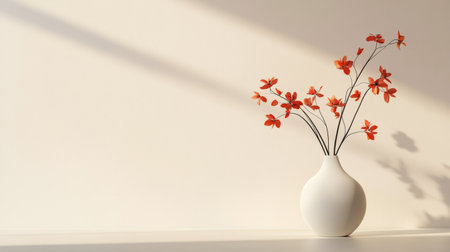 White vase with red flowers against a neutral background, minimalist decor conceptの素材