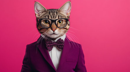 Cat in suit with glasses and bow tie on pink background, humorous animal fashion conceptの素材