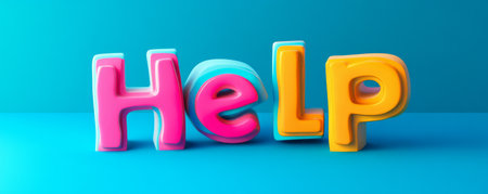 Colorful 3d help text on blue background, vibrant digital art conceptの素材