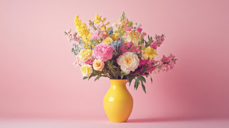 Bouquet of colorful flowers in a yellow vase on a pink background, floral arrangement conceptの素材