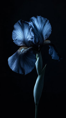 Close-up of a blue iris flower on a dark backgroundの素材