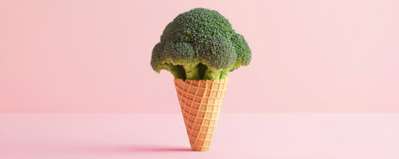 Broccoli in an ice cream cone on pink background, surreal food art conceptの素材