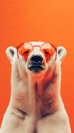 Polar bear wearing orange sunglasses against vivid backgroundの素材