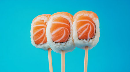 Three sushi rolls with salmon on sticks, vibrant blue background. Japanese cuisine and gastronomy conceptの素材