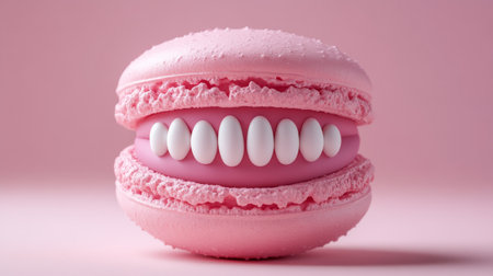 Pink macaron with teeth on pastel background, creative food conceptの素材