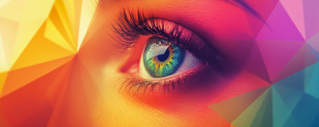 Close-up of vibrant eye with colorful geometric background, artistic expression conceptの素材