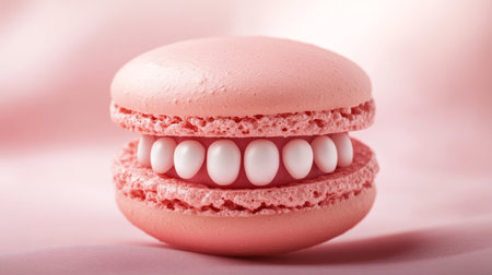 Pink macaron with teeth on pastel backgroundの素材
