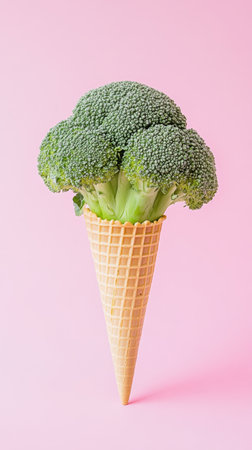 Broccoli in a waffle cone on pink backgroundの素材
