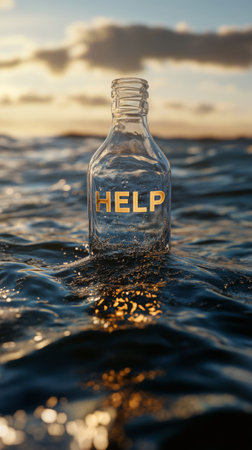 help message in a glass bottle floating on ocean at sunset, symbol of SOS and rescueの素材