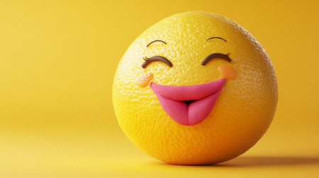 Smiling lemon with pink lips and closed eyes on yellow background, playful and creative conceptの素材
