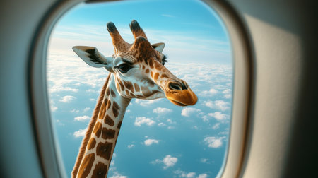 Giraffe peering through airplane window above cloudsの素材