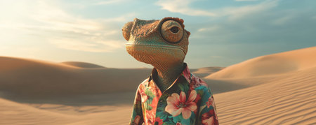 Chameleon wearing a Hawaiian shirt in the desert, surreal art. Whimsical and creative conceptの素材