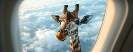 Giraffe peeking through airplane window above clouds, whimsical travel conceptの素材