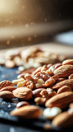 Close-up of mixed nuts with almonds and walnuts on a wooden surface, healthy snack conceptの素材