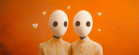 Two figures with blank masks and heart shapes on orange background, surreal art conceptの素材