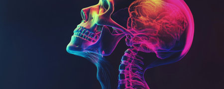 Colorful neon x-ray of a human skull in profile viewの素材