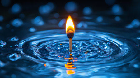 Burning matchstick floating on blue water, contrast of fire and water conceptの素材