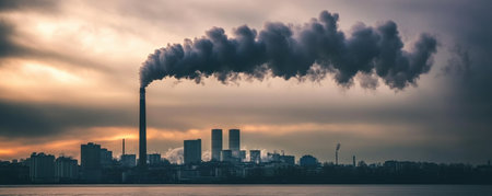 industrial city skyline with pollution at sunset, environmental impact conceptの素材