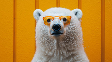 Polar bear wearing orange sunglasses against a yellow background, whimsical animal portrait. Fun and quirky conceptの素材