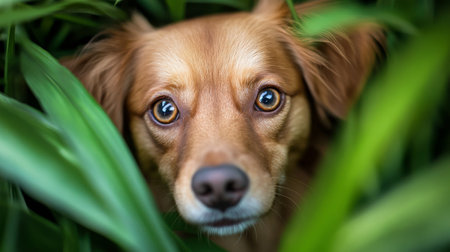 Dog peeking through green leavesの素材
