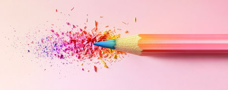 Colorful pencil with shavings on a pink background. Creativity and art conceptの素材