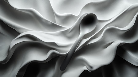 Spoon on draped white fabric, abstract texture. Minimalist design and elegance conceptの素材