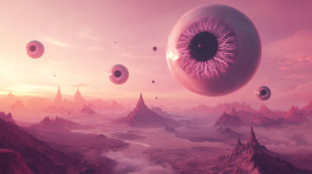 Surreal landscape with floating eyeballs in pink hue, dreamlike atmosphere. Conceptual art illustration of imagination and fantasyの素材