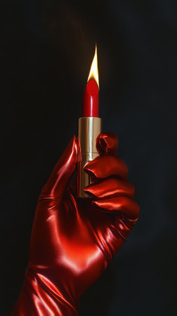 Lipstick shaped candle held by red gloved hand against dark backgroundの素材