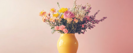 Bouquet of colorful flowers in yellow vase on pink backgroundの素材